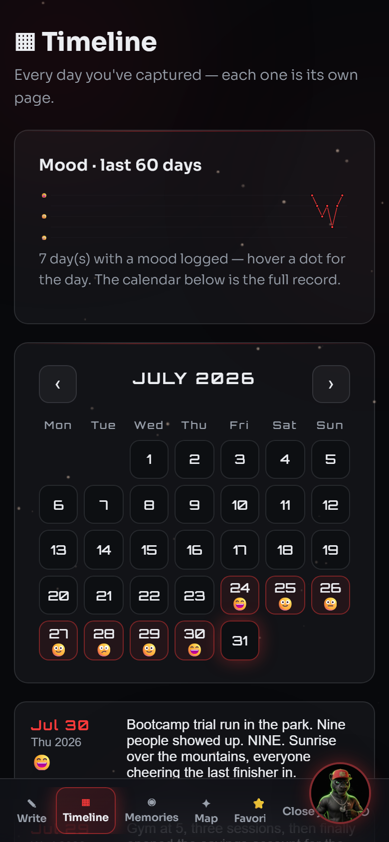 The timeline — your mood charted over 60 days and every day you've captured on a calendar
